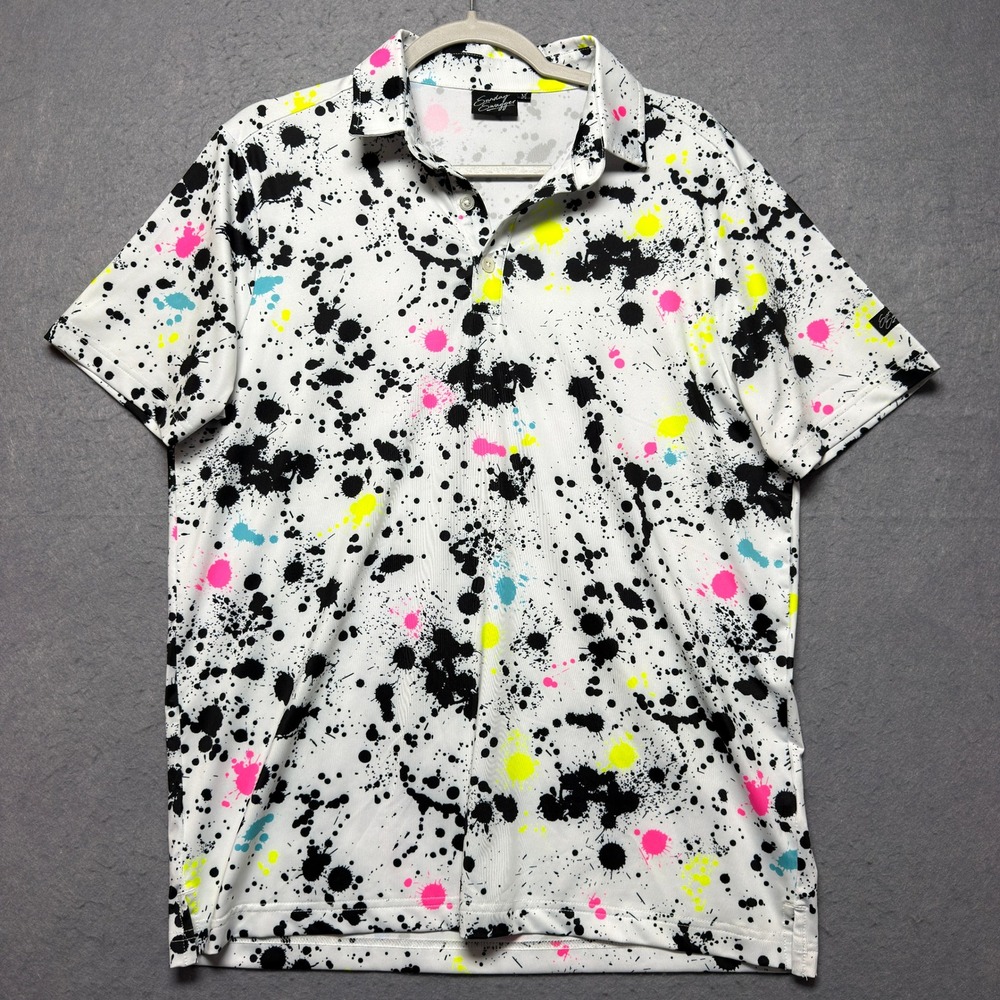 Sunday Swagger Mens Neon Paint Splatter Performance Golf Polo Shirt White Size M